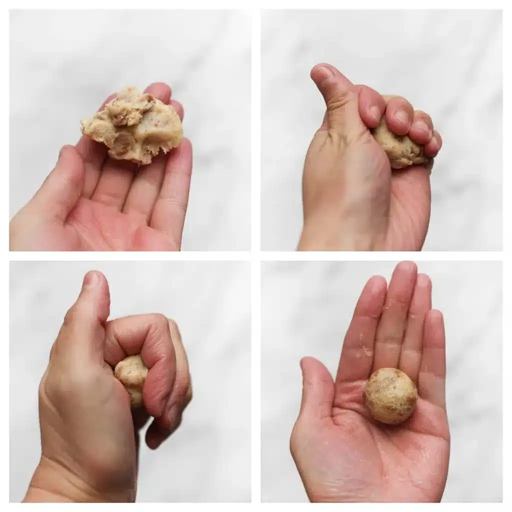 Step-by-step guide to rolling dough into a smooth ball with hand.