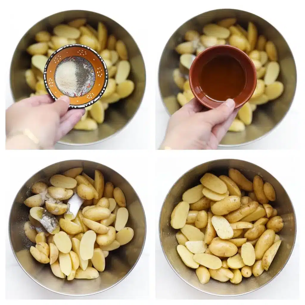 Step-by-step seasoning and preparing sliced fingerling potatoes in a bowl for roasting.