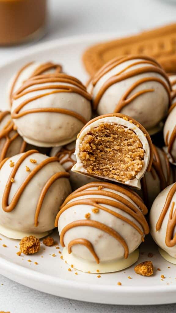 Delicious white chocolate truffles drizzled with caramel and filled with cookie butter on a white plate.