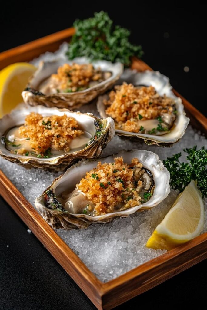 Baked oysters with breadcrumbs on a bed of ice, garnished with lemon wedges and parsley in a wooden tray.