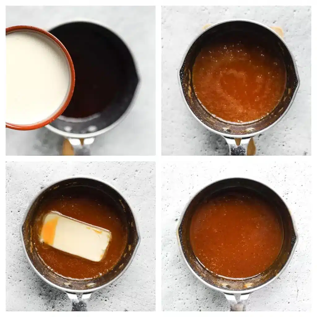 Step-by-step caramel sauce recipe process in a saucepan: cream, caramelizing sugar, adding butter, and final sauce.