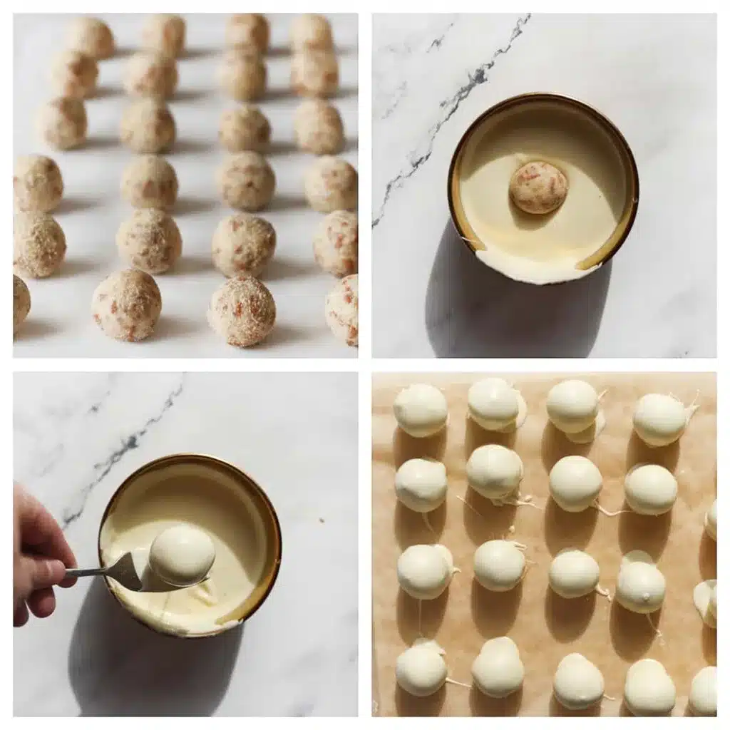 Step-by-step process of making white chocolate-covered cookie dough truffles on parchment paper.