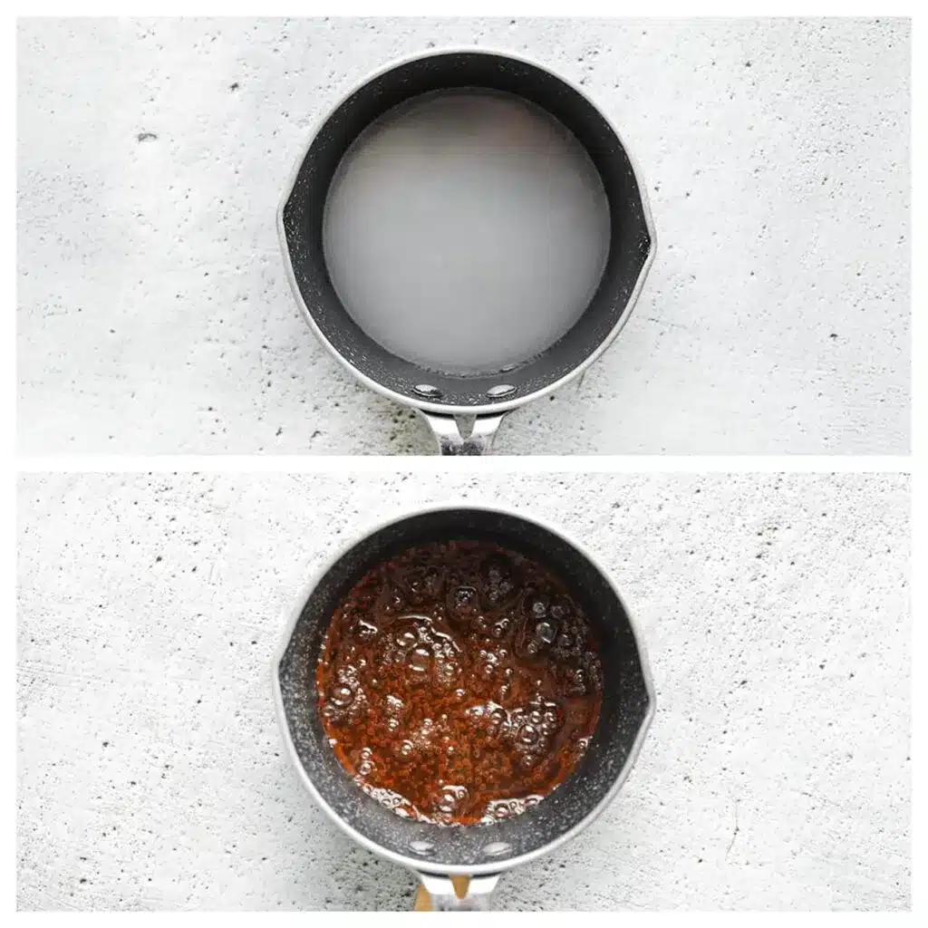 Top: Sugar water in a pan. Bottom: Caramelized sugar bubbling. Cooking transformation process.