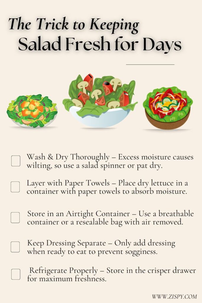 Tips for keeping salad fresh longer, including drying, using paper towels, airtight storage, and separate dressing.