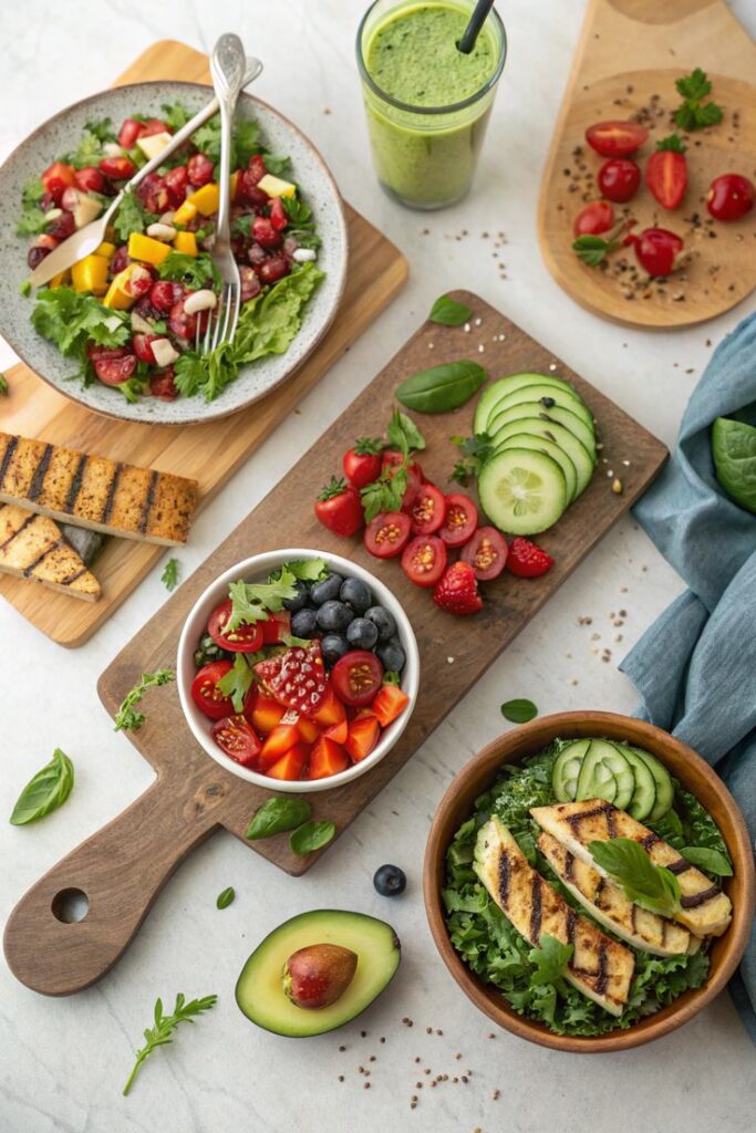 Healthy assortment of fresh salads, grilled tofu, and green smoothie on a table, featuring vibrant ingredients.