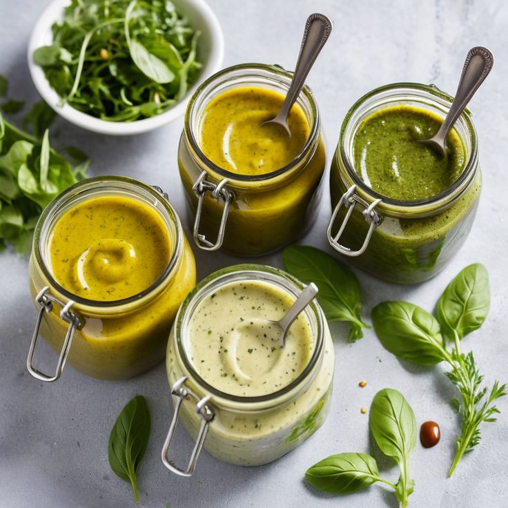 Four jars of colorful homemade sauces with herbs and spices, highlighting fresh ingredients and vibrant flavors.