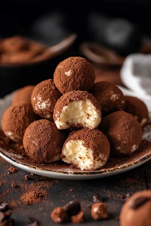 Plate of chocolate-covered tiramisu balls with cocoa dusting, one half-eaten, on a dark background.