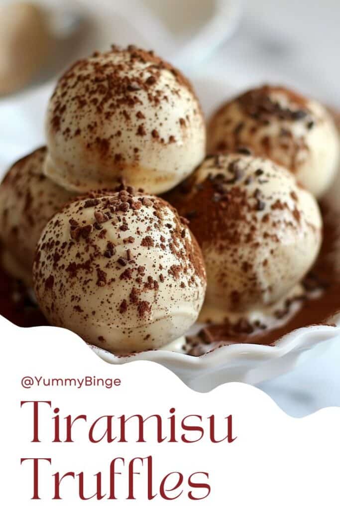 Creamy tiramisu truffles topped with cocoa powder in a white dish, a delectable dessert by YummyBinge.