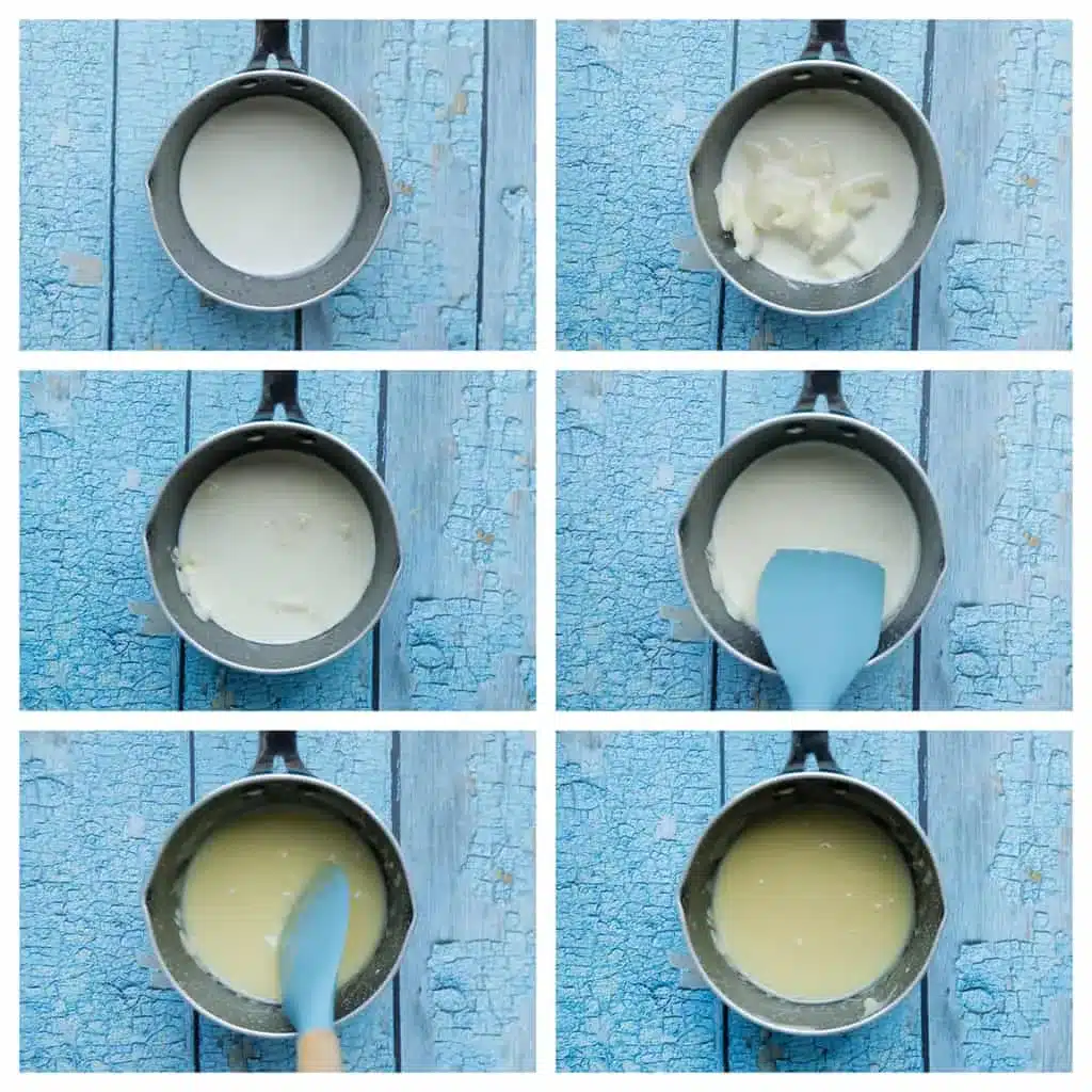 Step-by-step process of making sweetened condensed milk in a saucepan on a blue wooden surface.