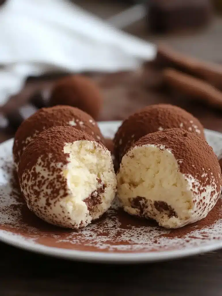 Three cocoa-dusted dessert balls with creamy centers on a plate, offering a delicious treat close-up.
