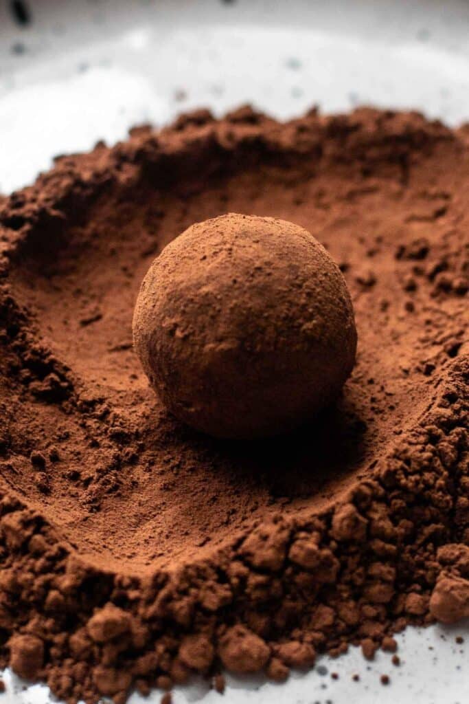 Rich chocolate truffle dusted with cocoa powder on a plate, perfect for a delicious dessert treat.
