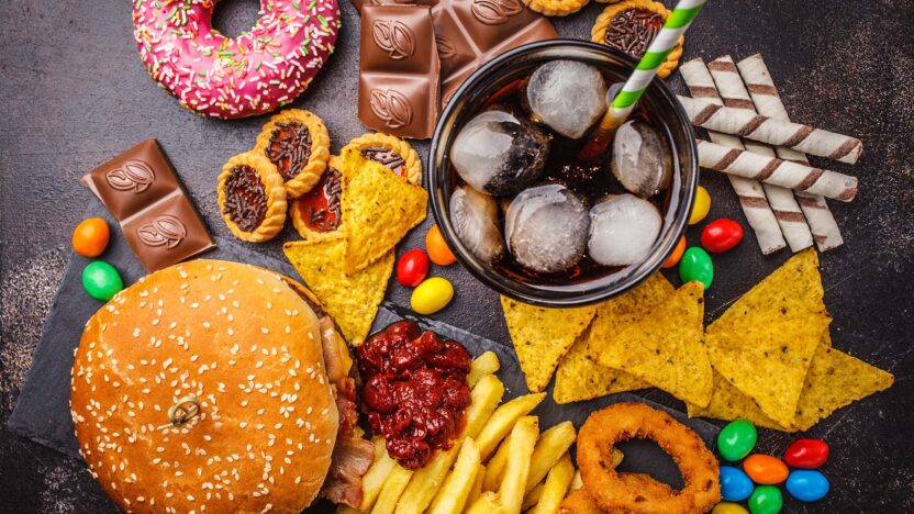 Fast food and snacks assortment: burger, fries, donut, chocolate, chips, candy, soda, and pastries. Indulgent treat display.