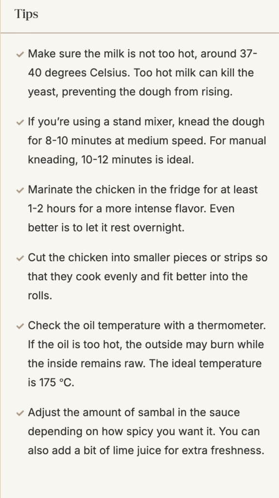 Cooking tips on milk temperature, kneading dough, marinating chicken, oil heat, and sambal seasoning.