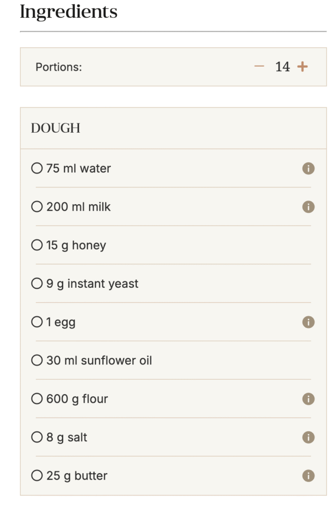 Ingredients for dough: 75ml water, 200ml milk, 15g honey, yeast, egg, oil, flour, salt, butter. Makes 14 portions.