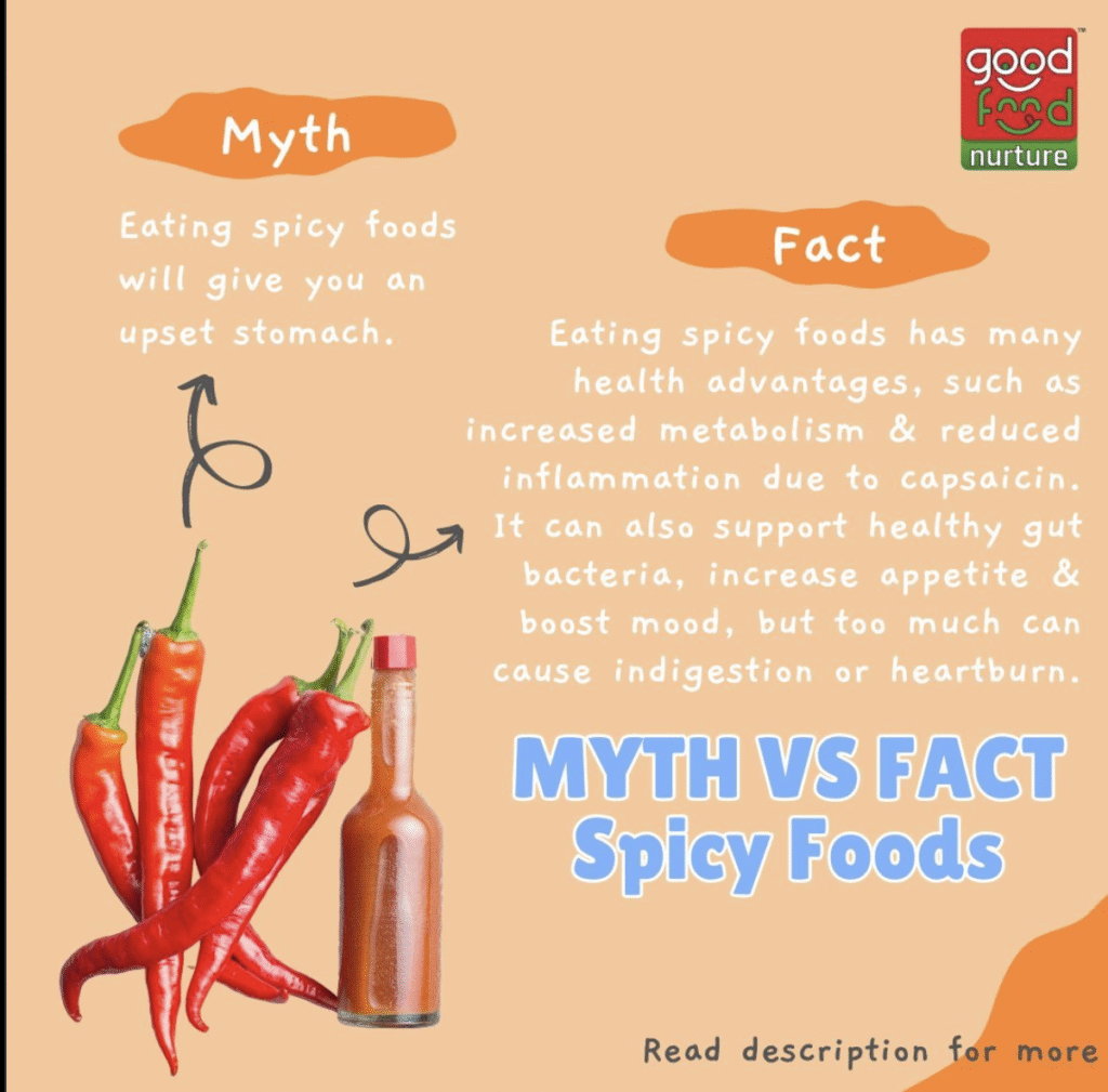 Myth vs Fact: Discover the health benefits and potential downsides of spicy foods, featuring chili peppers and hot sauce.