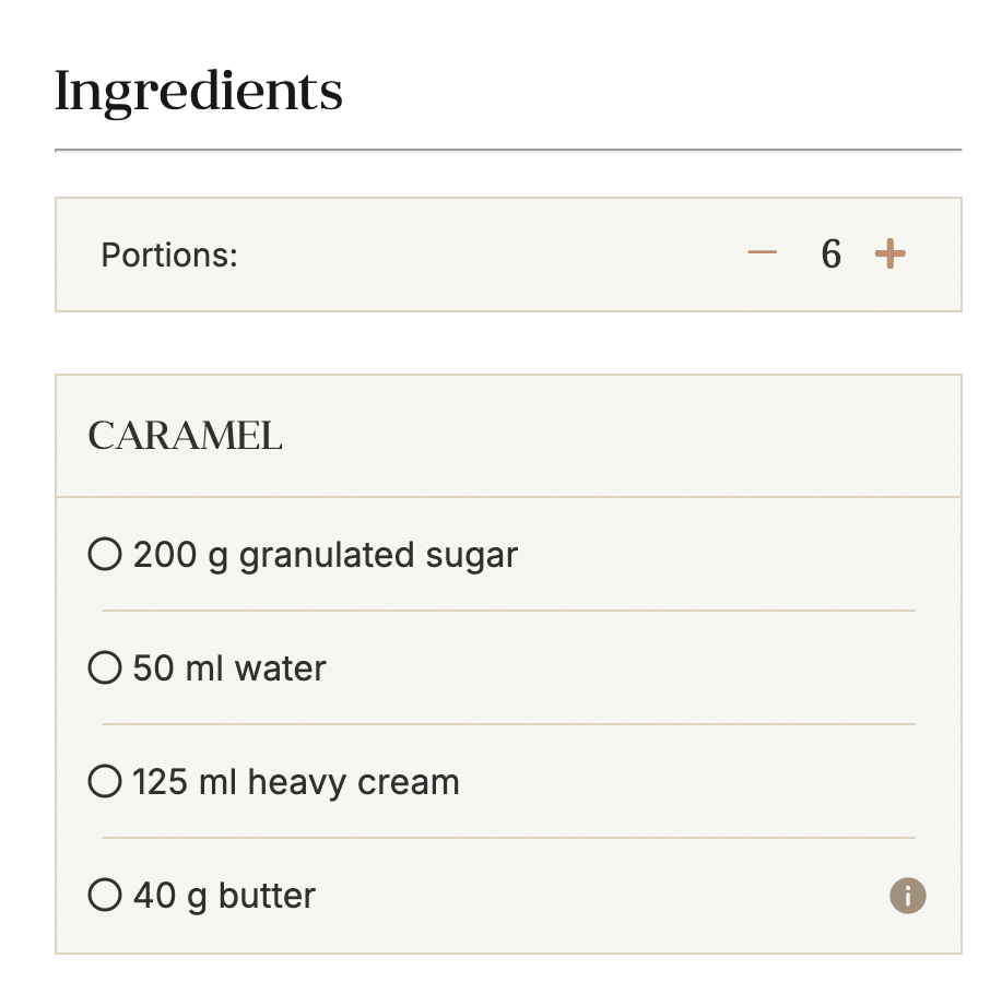 Caramel ingredients list for 6 portions: 200g sugar, 50ml water, 125ml heavy cream, 40g butter.