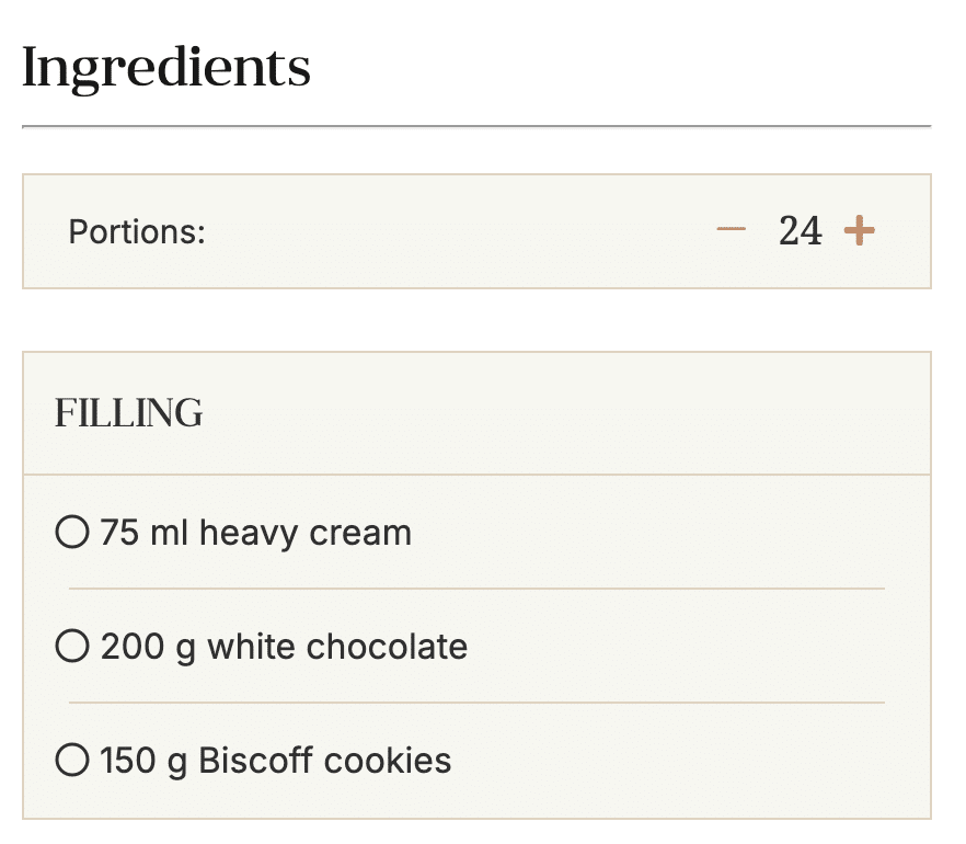 Ingredients for dessert filling: heavy cream, white chocolate, Biscoff cookies. Serves 24 portions.