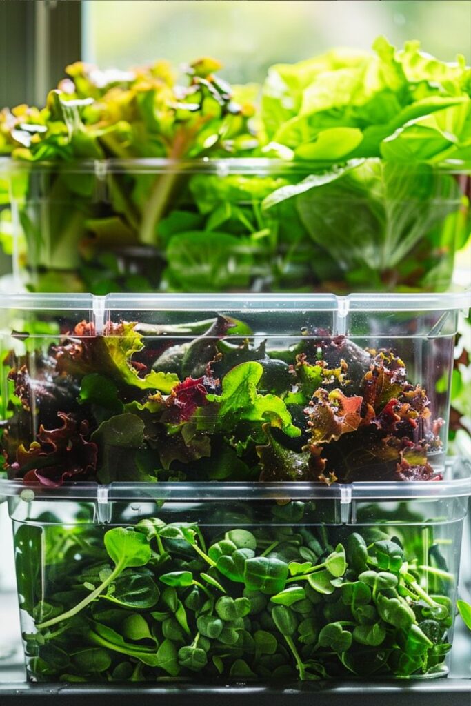 Fresh mixed greens in clear plastic containers stacked on a windowsill, ready for salads or healthy meals.
