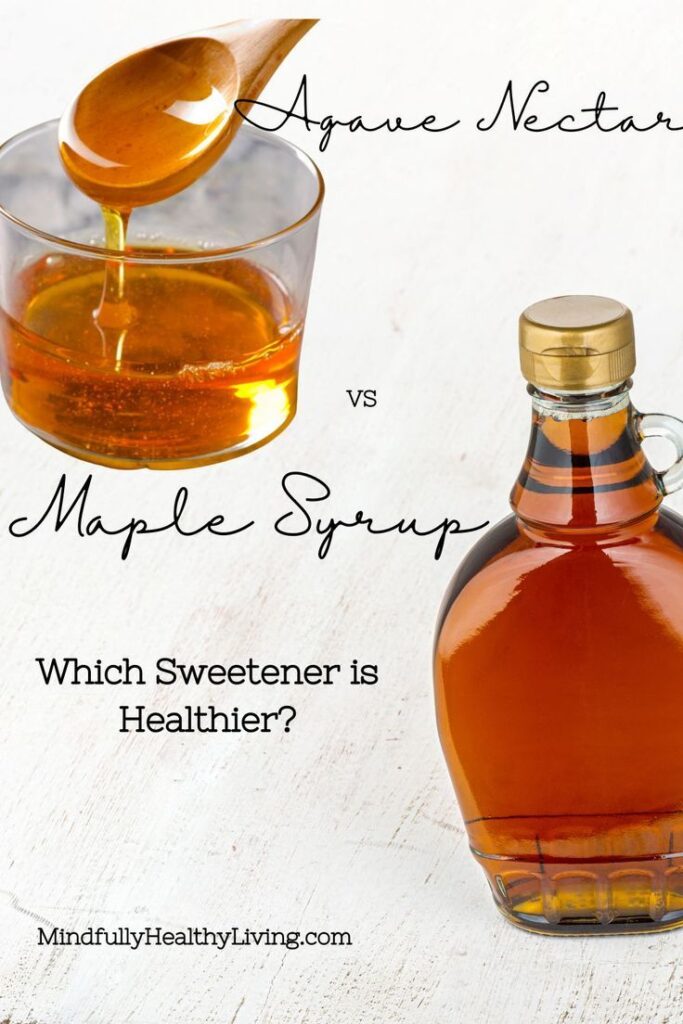Comparison of agave nectar and maple syrup with text Which sweetener is healthier?.