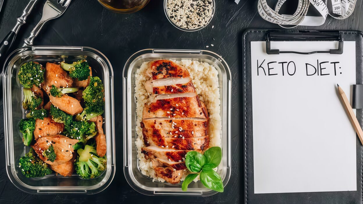 Keto meal prep containers with grilled chicken, broccoli, and rice next to a notepad labeled Keto Diet.