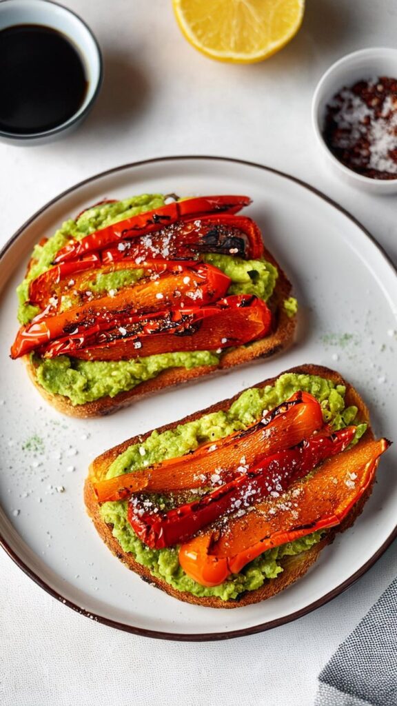 Avocado toast with roasted red peppers, garnished with sea salt, on a white plate. Healthy breakfast idea.