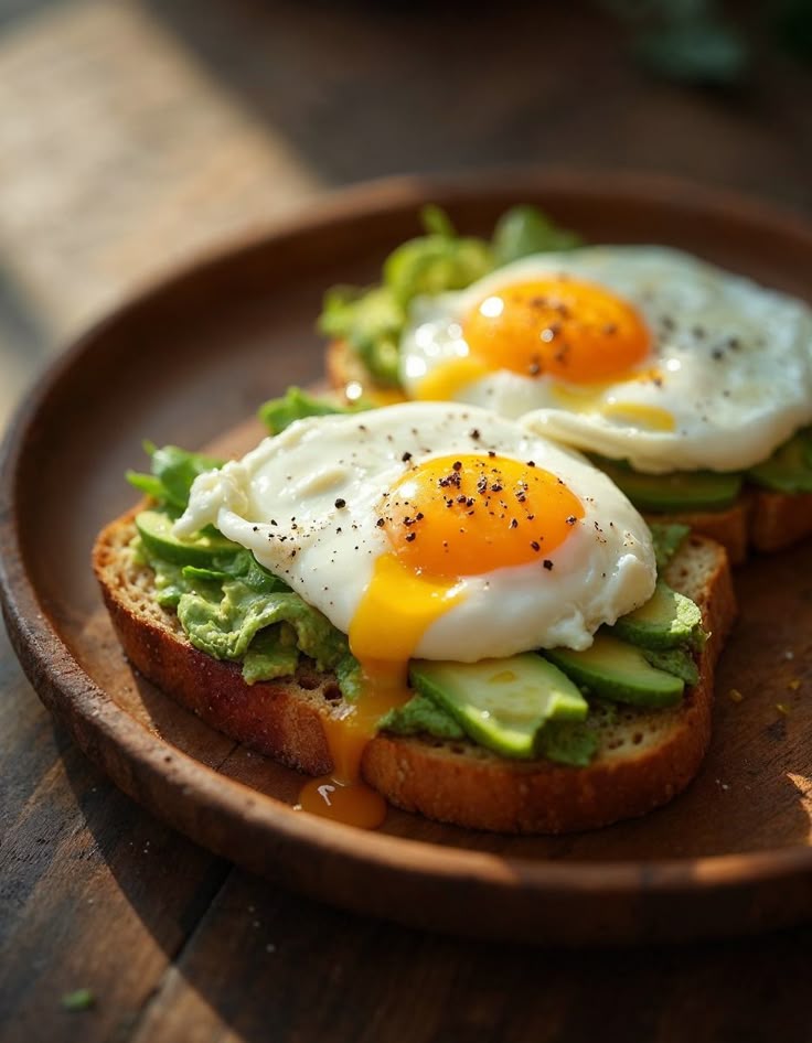 Avocado toast with two sunny-side-up eggs, topped with black pepper on a wooden plate.