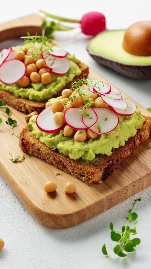Avocado toast topped with chickpeas, radishes, and herbs on wooden board. Healthy breakfast idea.