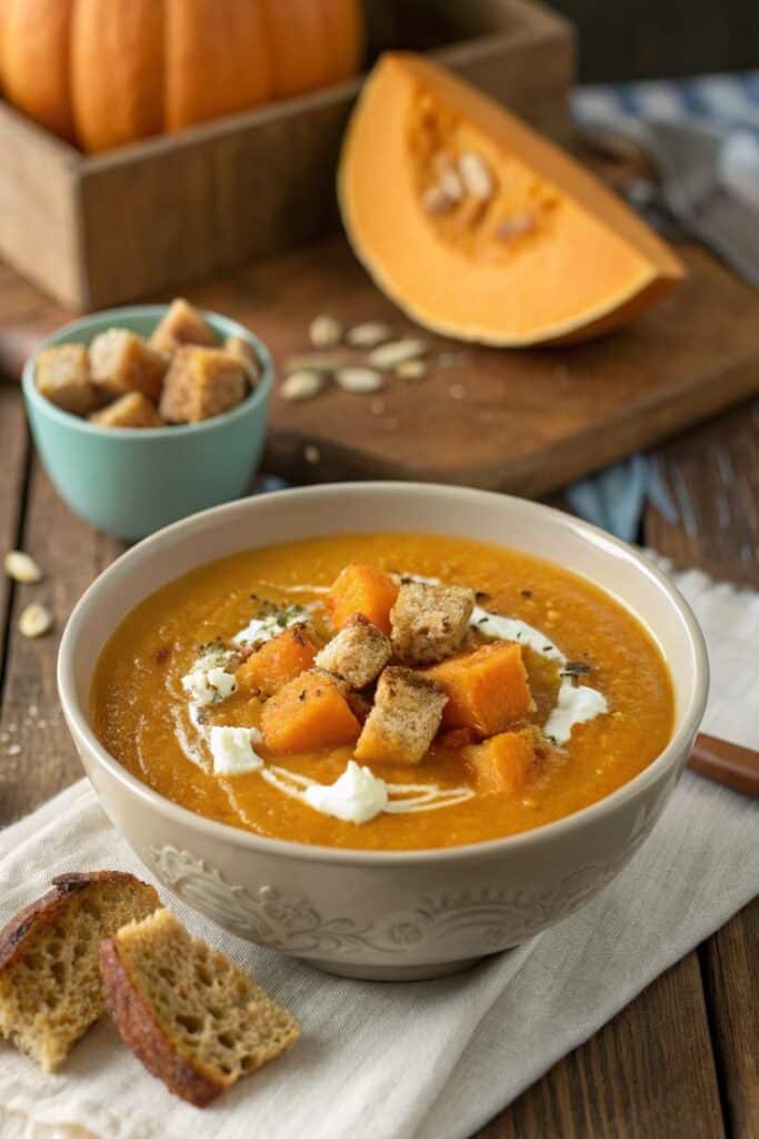 Bowl of creamy pumpkin soup topped with croutons and cheese, with sliced pumpkin and seeds in the background.