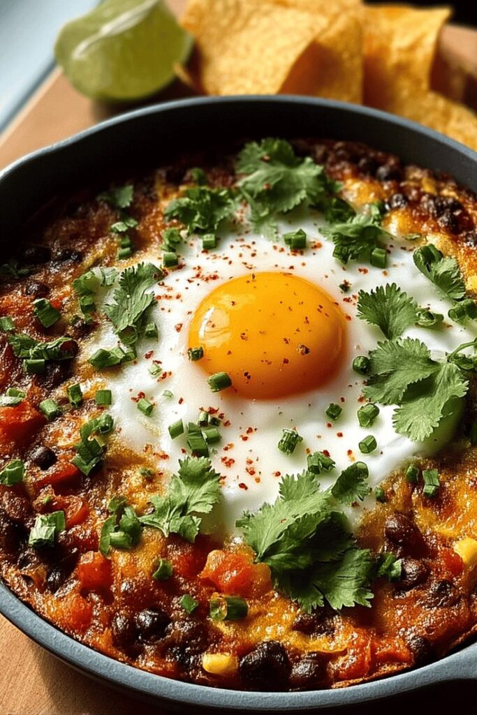 Skillet of huevos rancheros with a sunny-side-up egg, cilantro, surrounded by tortilla chips and lime.