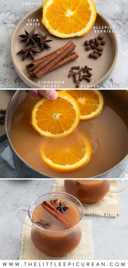 Spiced cider ingredients: orange, star anise, allspice, cinnamon, and cloves in a pot and served in a glass mug.