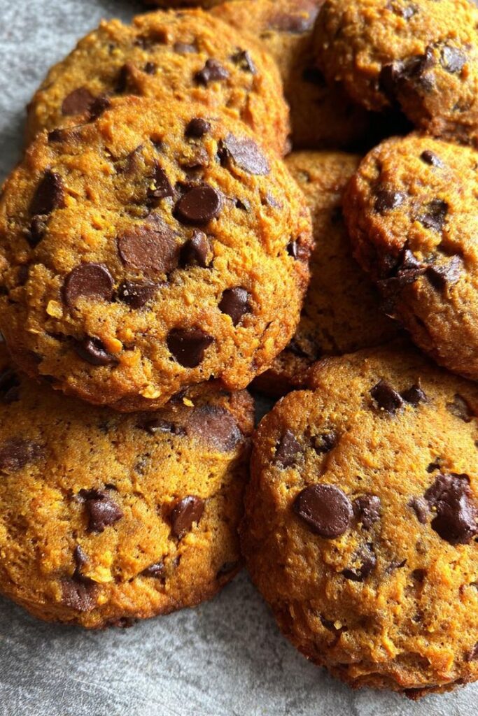 Freshly baked pumpkin chocolate chip cookies on a table. Perfect for a delicious fall treat.