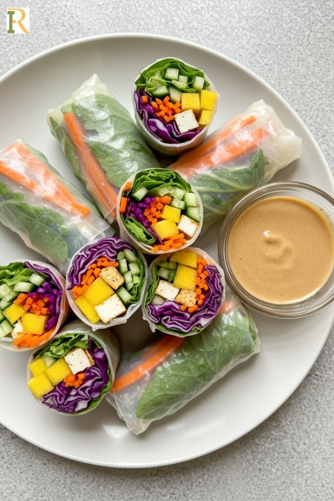 Fresh vegetable spring rolls with tofu and peanut sauce on a plate.