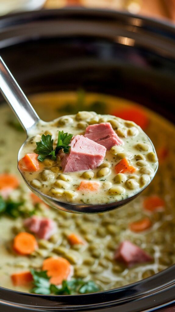 Hearty split pea soup with carrots, ham, and parsley in a ladle, perfect for a comforting homemade meal.