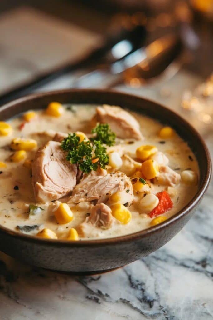 Creamy chicken and corn chowder garnished with parsley in a rustic bowl on a marble tabletop.