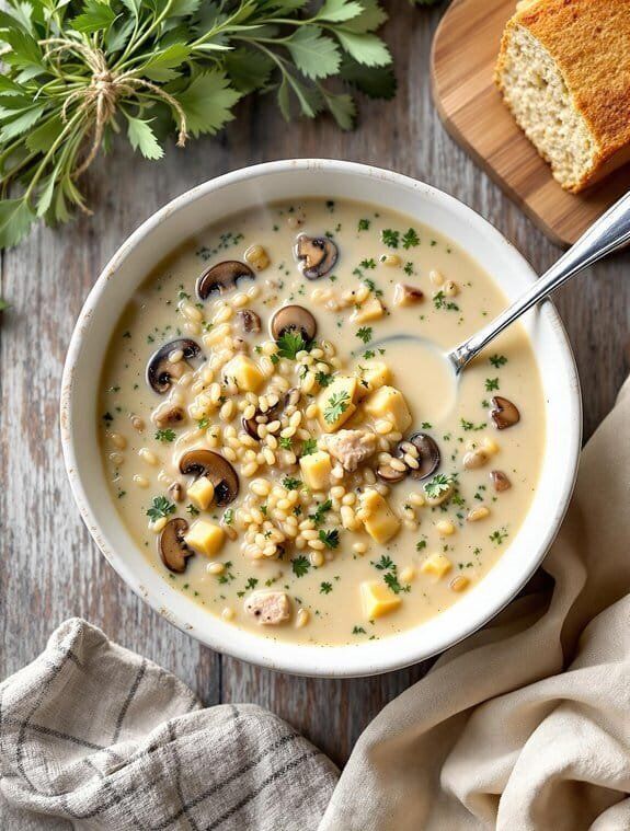 Creamy barley soup with mushrooms, cheese cubes, and herbs in a bowl, garnished with parsley and served with bread.