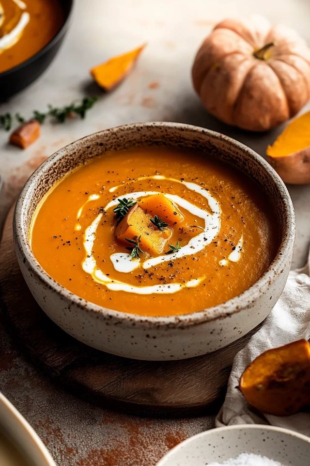 Creamy pumpkin soup garnished with thyme and cream, served in a rustic bowl with pumpkin pieces in the background.