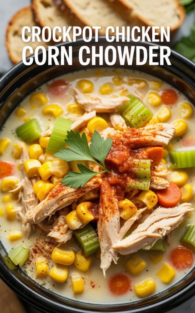Crockpot chicken corn chowder with carrots, celery, corn, and a garnish of parsley in a black bowl.