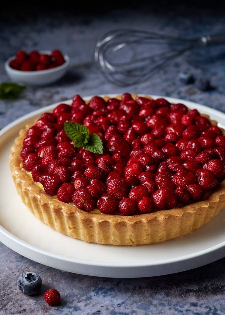 Delicious wild strawberry tart with fresh mint on a white plate, perfect for dessert lovers.