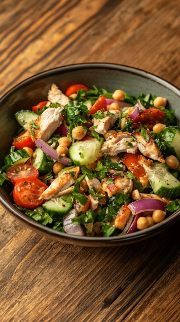 Fresh chicken salad with tomatoes, cucumbers, chickpeas, and herbs in a bowl on a wooden table.