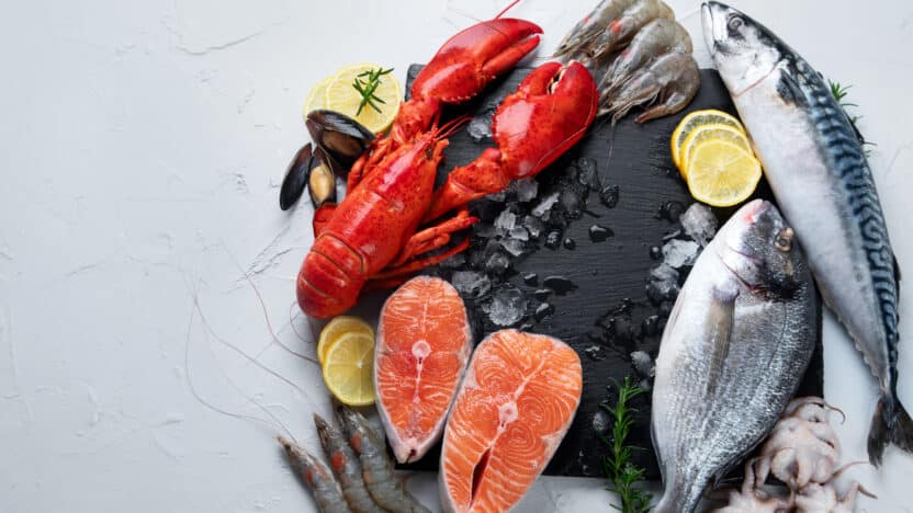 Fresh seafood assortment with lobster, salmon, shrimp, and fish garnished with lemon and herbs on a slate background.
