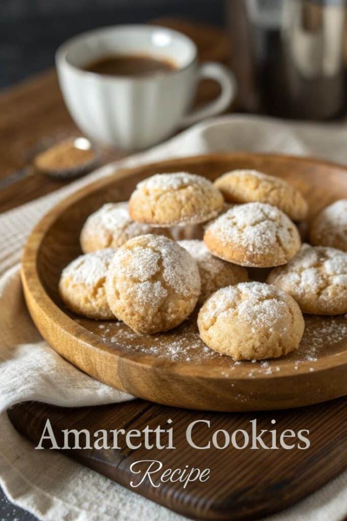 Plate of freshly baked amaretti cookies dusted with powdered sugar, served with coffee.