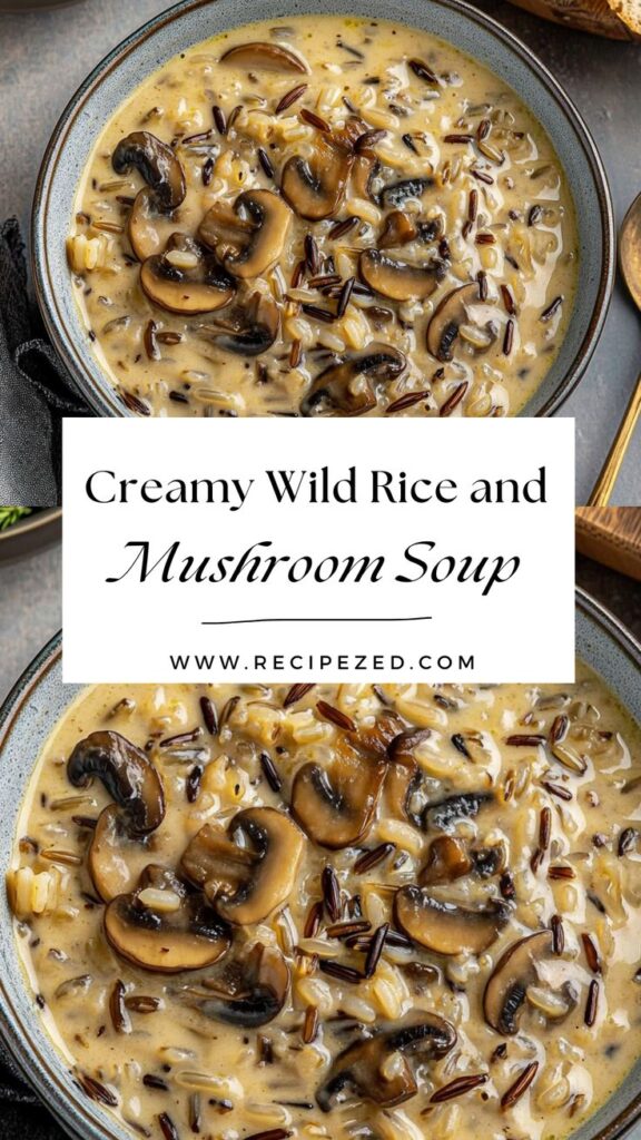 Creamy wild rice and mushroom soup in a bowl, garnished with fresh mushrooms and herbs.