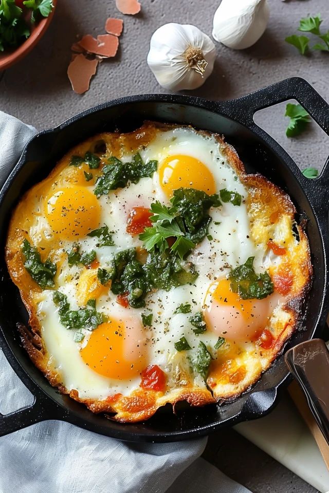Skillet with baked eggs, vibrant herbs, and spices, garnished with fresh parsley, on a rustic kitchen surface.