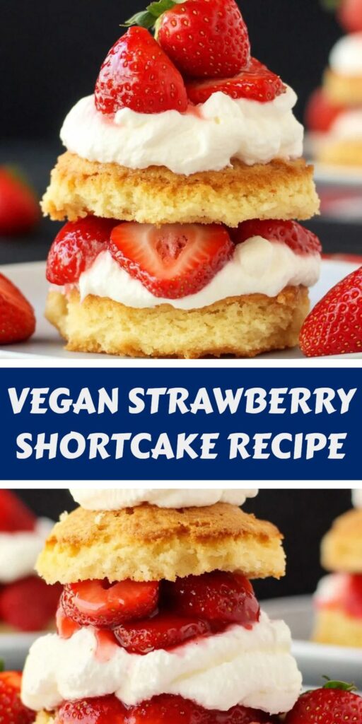 Vegan strawberry shortcake with fresh strawberries, whipped cream, and fluffy cake layers. Perfect dessert recipe.