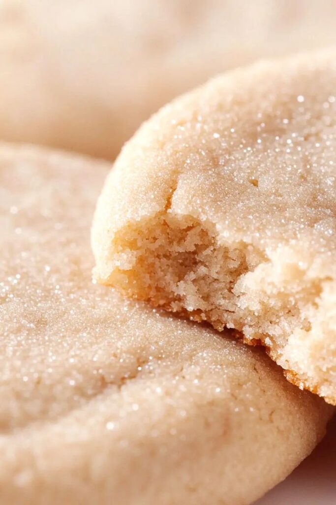 Close-up of a sugar cookie with a bite taken out, revealing its soft and crumbly texture, sprinkled with sugar.