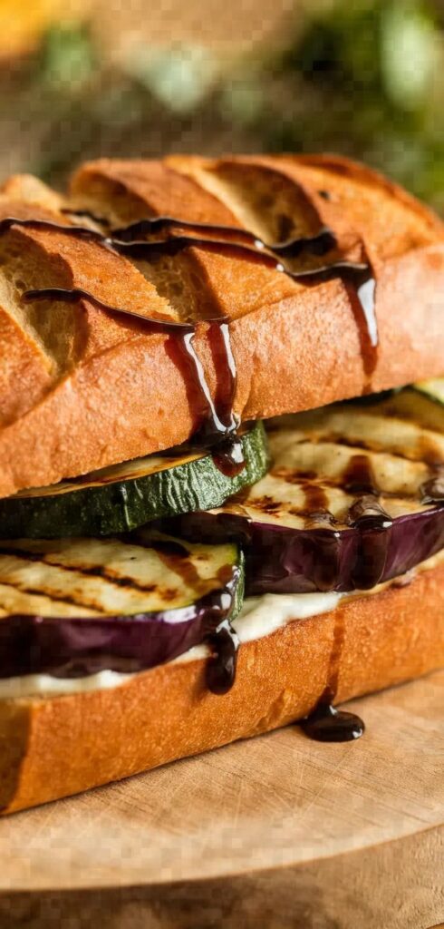 Grilled vegetable sandwich on rustic bread with balsamic glaze, served on a wooden board.