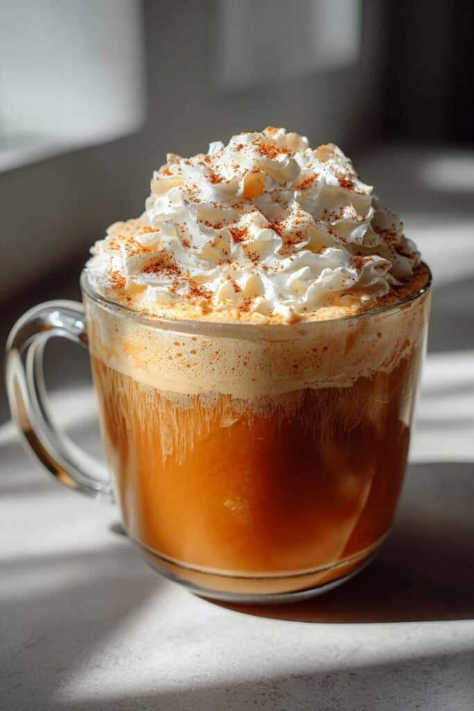 Creamy pumpkin spice latte in a glass mug topped with whipped cream and cinnamon.