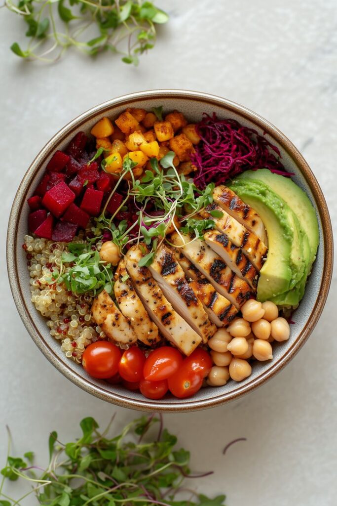 Healthy quinoa bowl with grilled chicken, avocado, cherry tomatoes, chickpeas, roasted veggies, and microgreens.