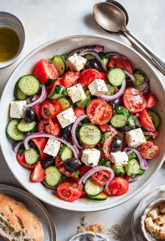 Fresh Greek salad with tomatoes, cucumbers, feta, olives, and red onion in a white bowl.