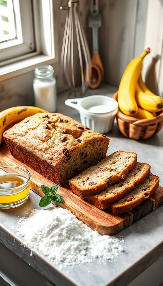 Homemade banana bread with chocolate chips on a cutting board, surrounded by ingredients and kitchen tools.